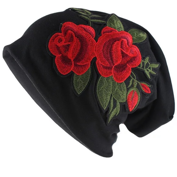Embroidered Rose Black Beanie - Picture 5 of 5